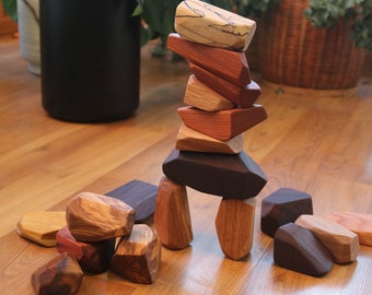 Wooden stacking rocks-balancing stones-Tumi Ishi-18 pc set, Personalized gift, engraved wood blocks