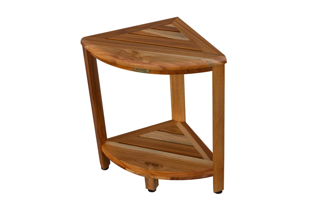 Ecodecors Oasis 18 Teak Wood Corner Shower Bench With Shelf in Natural