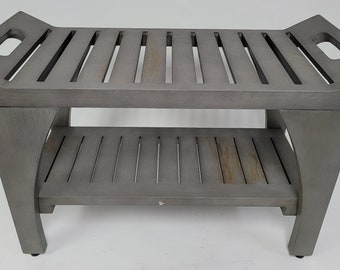 New - Gray 30-inch Asian Teak Shower Bench with Shelf - Close Out Pricing - Shower Stool - Product as Shown - Make an Offer - No Returns