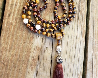 Meditation Chrysoprase Marker Beads Green Gold Copper Bornite Pendant Prayer Tibetan Bornite Stone 108 Sandalwood Bead Mala Zen Style