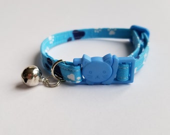 Unique cat collar, blue with paw prints collar, adjustable collar, safety collar, breakaway buckle, cat head buckle, D-ring with bell