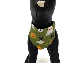 Dog bandana, slip over the collar, Small, Halloween, khaki green, phantoms and pumpkins, over the collar bandana, reversible bandana, poodle