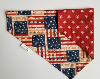 Reversible dog bandana, patriotic theme, golden stars, USA flag, LARGE/X LARGE sizes, dog furniture, cat furniture, dog lovers gift