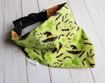 Reversible dog bandana, Halloween, MEDIUM size, green /orange, witch hats, pumpkins, cobwebs, dog furniture, cat furniture, dog lovers gift