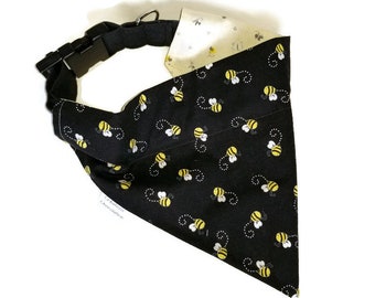 Slip over the collar bandana for dog, bandana for dog, XLARGE size, black and yellow, bees flowers and butterflies, fashion dog furniture