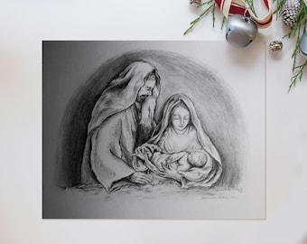 Heilige familie kerststalkunst, Maria Jezus Joseph-print