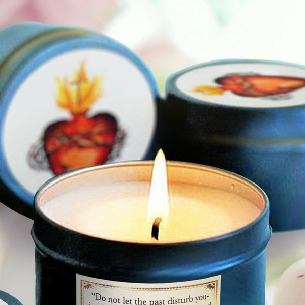 Sacred Heart Candle Tin (Chrism Scented, Dark Blue), 100% Soy Candles, Catholic Candle, Confirmation Gift