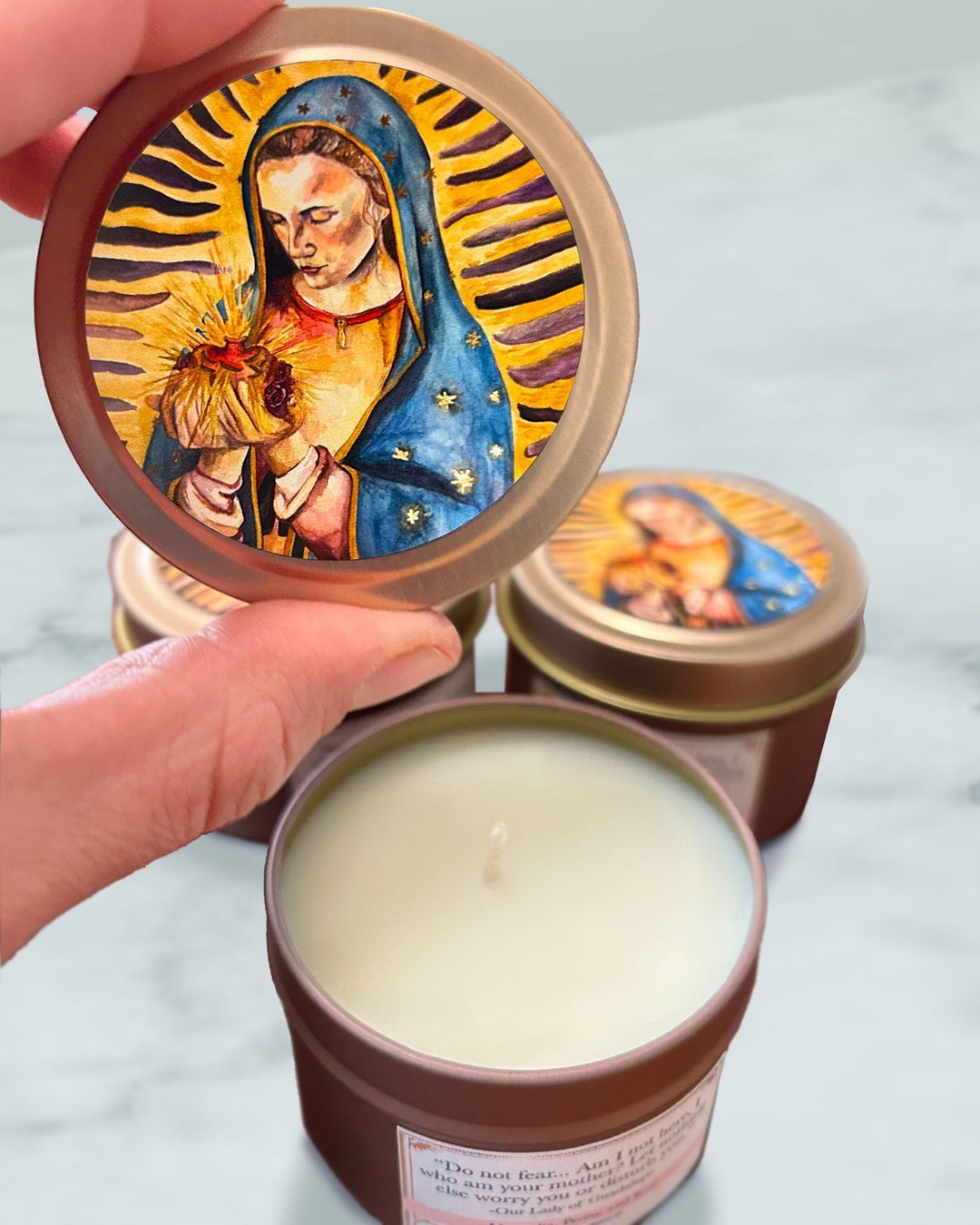 Our Lady of Guadalupe Candle Tin magnolia, Peony, & Rose Scented, Rose