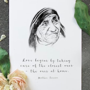 El amor comienza, Cita de la Madre Teresa, Impresión católica, Impresión de la Madre Teresa, Santa Madre Teresa, Arte Católico, Calcuta, Dibujo Católico