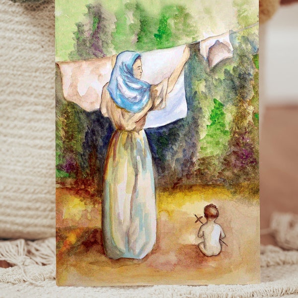 Mary and Jesus, Polish Madonna, Catholic Art, Saint Art, Prints of Saints, Watercolor, Mary hanging laundry, Catholic Print, Catholic Decor