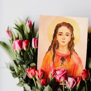 May include: Watercolor painting of a young girl with long brown hair wearing a red and orange dress. She is holding a small bouquet of flowers in her hands. The painting has a soft, dreamy feel.