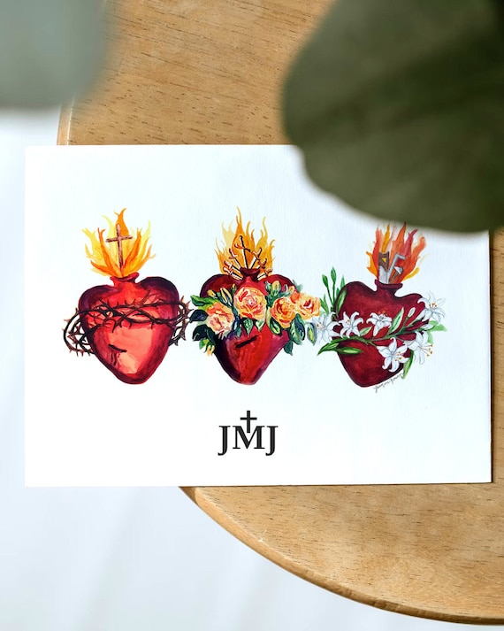 Jesus, Mary, Joseph, JMJ, Sacred Heart of Jesus, Immaculate Heart of Mary,  Chaste Heart of Joseph, Hearts of the Holy Family, JMJ painted