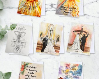 May include: Set of six watercolour greeting cards featuring religious themes. The cards depict a dove, a church, a cross, and a couple getting married. The cards are printed on white cardstock and have a blank inside for writing.