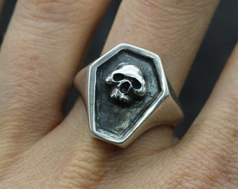 Coffin Skull Ring, Silver Coffin Ring with Skull