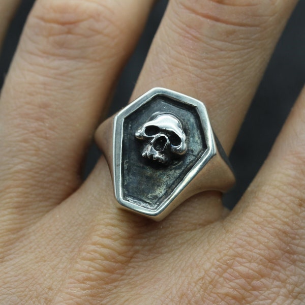 Coffin Skull Ring, Silver Coffin Ring with Skull