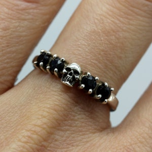 Women's Skull Ring, Skull Wedding Ring,  Black Sapphires, Black Gemstone Skull Ring