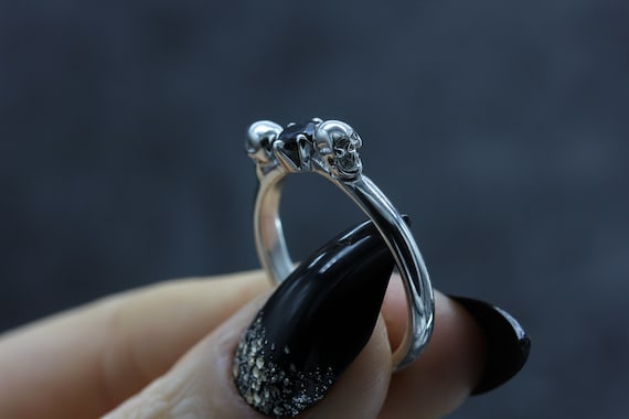 Black Skull Engagement Ring Silver Skull Ring Gothic Skull