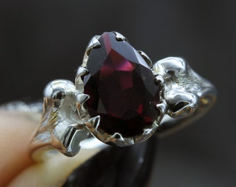 Garnet Bone Ring, Gothic Engagement Ring, Pear Shaped Garnet