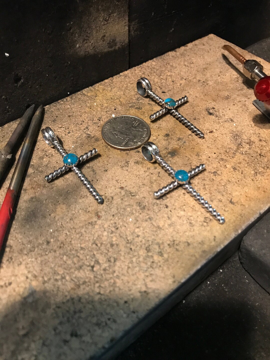 Sterling Silver Twisted Wire Cross Pendant. Set With a Kingman Etsy