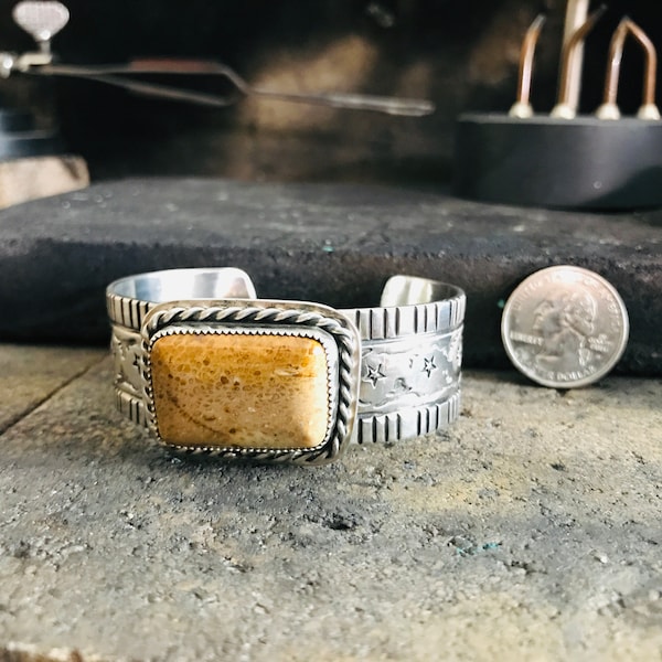 Sterling silver cuff bracelet, handmade, hand stamped, with Texas petrified palm cabochon stone.