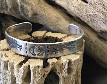 Sterling silver cuff bracelet, hammered, handmade, stamped, Made in the USA.
