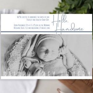 Annonce Hello Handsome Baby Boy, classique et élégante, carte d'arrivée de bébé, Welcome Baby Boy, modèle modifiable