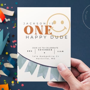One Happy Dude First Birthday Invitation, Smiley Face Invite for Baby Boy, editable and printable
