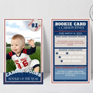 Rookie Card 1st Birthday Invitation Insert, Rookie of the Year Invite, Baseball Birthday Party, Editable Template