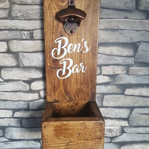 Handmade Reclaimed Wood Wall Mounted Bottle Opener with Cap Catcher