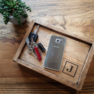 Handmade Rustic Wood Valet Tray: Engraved Bedside Organizer