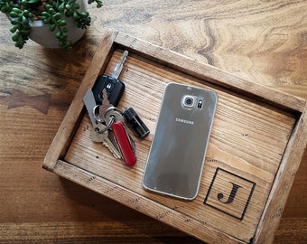 Handmade Rustic Wood Valet Tray: Engraved Bedside Organizer