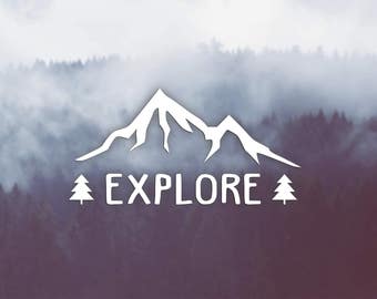 VINYL DECAL MOUNTAIN Explore, Trees, Woods, Fir, Adventures, Car Window Decal, Car Sticker, Water Bottle Mug Tablet iPad Laptop Decal