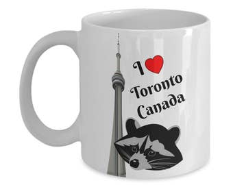 I Love Toronto Canada, Inspirational, Coffee Mug, with the CN Tower, Raccoon, Tourist, World Travellers, Destinations, Collectors, Gift,