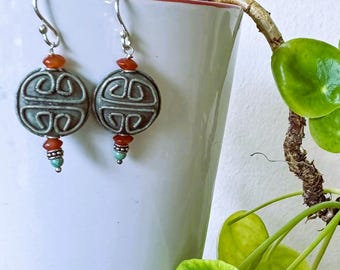 Vintage Chinese Shou Longevity Sterling Earrings, Turquoise Carnelian Sterling Earrings , 1.5" Long Jewelry Jewelry