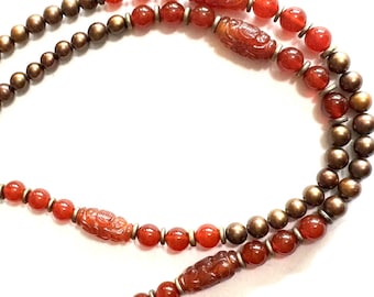 Vintage Chinese Carnelian Dragon Necklace: Shou Carved Pearl, Copper & Freshwater Pearls Jewelry Jewelry