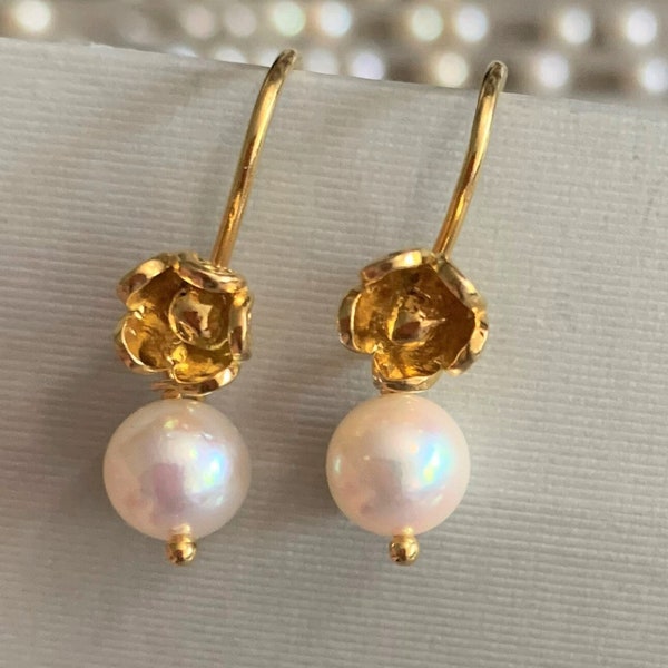 Vintage Japan Akoya Pearls Floral Earrings,Gold Sterling, Saltwater Japanese Cultured Pearls, June Birthstone, Great Gift