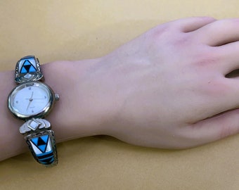 Sterling-silver women’s watch mother of pearl Native American turquoise coral Native American Turquoise Coral Watch Tips Sterling Silver  main image 2