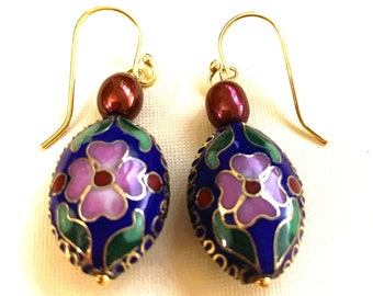 Vintage Blue Chinese Cloisonne Gold Earrings: Sterling Silver, Pearl Dangle Jewelry Jewelry