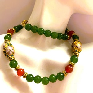 Vintage Chinese Jade Champleve Necklace, For Export,W Carnelian, Vintage Gold Plated Spacers, Adjustable Length, Deep Gold Cloisonne