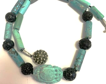 Jewelry Vintage Chinese Turquoise Shou Dragon Black Jet Choker Necklace: Statement Beaded Necklace Jewelry