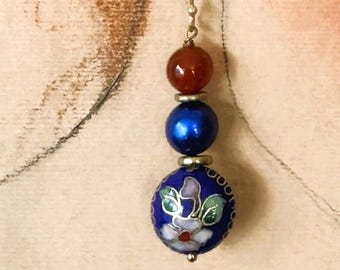 Vintage Chinese Cloisonné Sterling Pearl Carnelian Earrings, Export Dangle Drop Earrings 2", Old Method Enamel Cloisonné Great Gift Jewelry