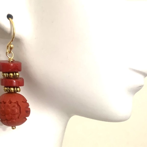Vintage Chinese Cinnabar Coral Earrings, 24kt Gold Sterling Ear Wires, Long Drop Dangle Asian Earrings, Vintage Chinese Brass Rondells