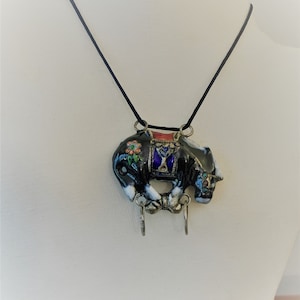 Vintage Chinese 36&quot; Horse enamel Pendant on Black Cord Necklace Asian Necklace