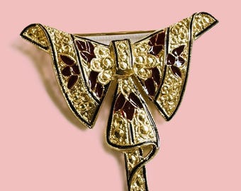 One Vintage Victorian 925 Enamel Pin, Bow Design 22KT Gold Sterling Museum  Pin Jewelry Jewelry