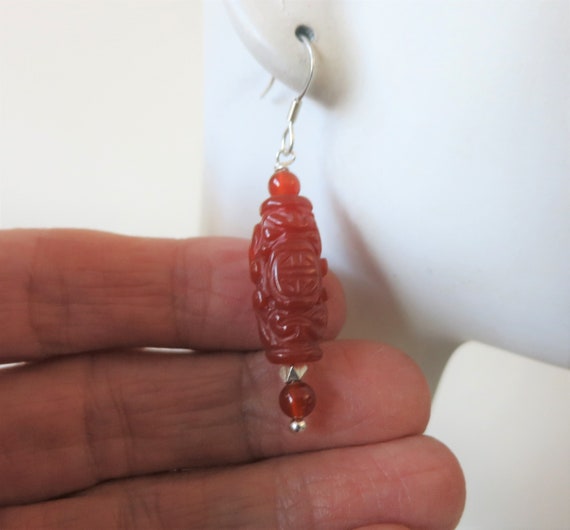 Vintage Chinese Shou Carnelian Sterling Earrings,… - image 3