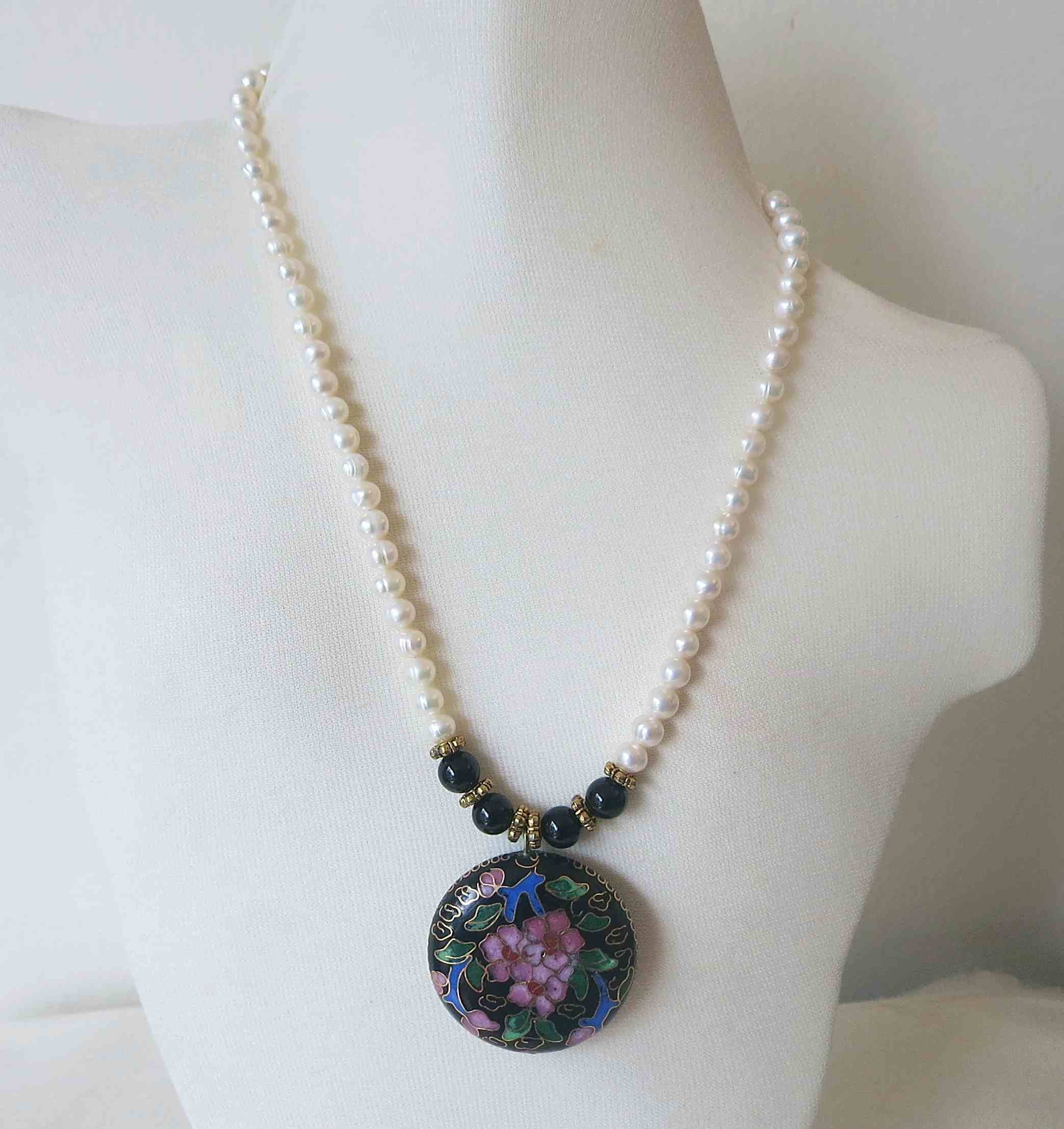 Vintage Chinese Cloisonne Enamel Pearl Onyx Layering Necklace Adj 17 20 -  Etsy