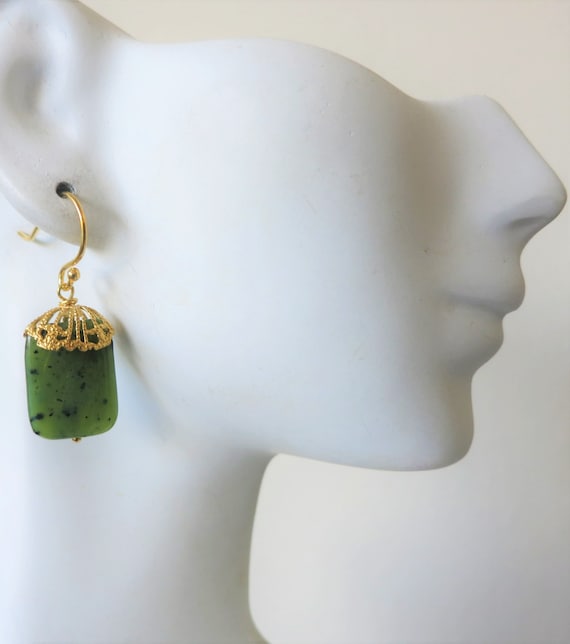 Jewelry Vintage Chinese Jade Gold Vermeil Sterling Nephrite Jade Asian Dangle Drop Earrings Jewelry 