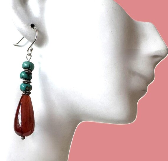 Art Deco Turquoise Carnelian Sterling Silver Drop Earrings: Art Deco Style Jewelry