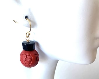 Vintage Chinese Cinnabar Onyx Dangle Earrings: Floral Carved Sterling Jewelry Jewelry
