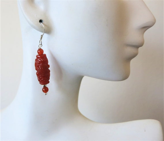 Vintage Chinese Shou Carnelian Sterling Earrings,… - image 1